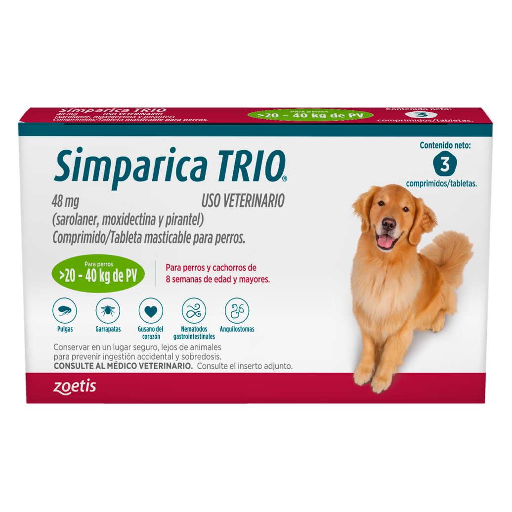 SIMPARICA TRIO VERDE 48 MG (20-40 KG) 3 TABLETAS