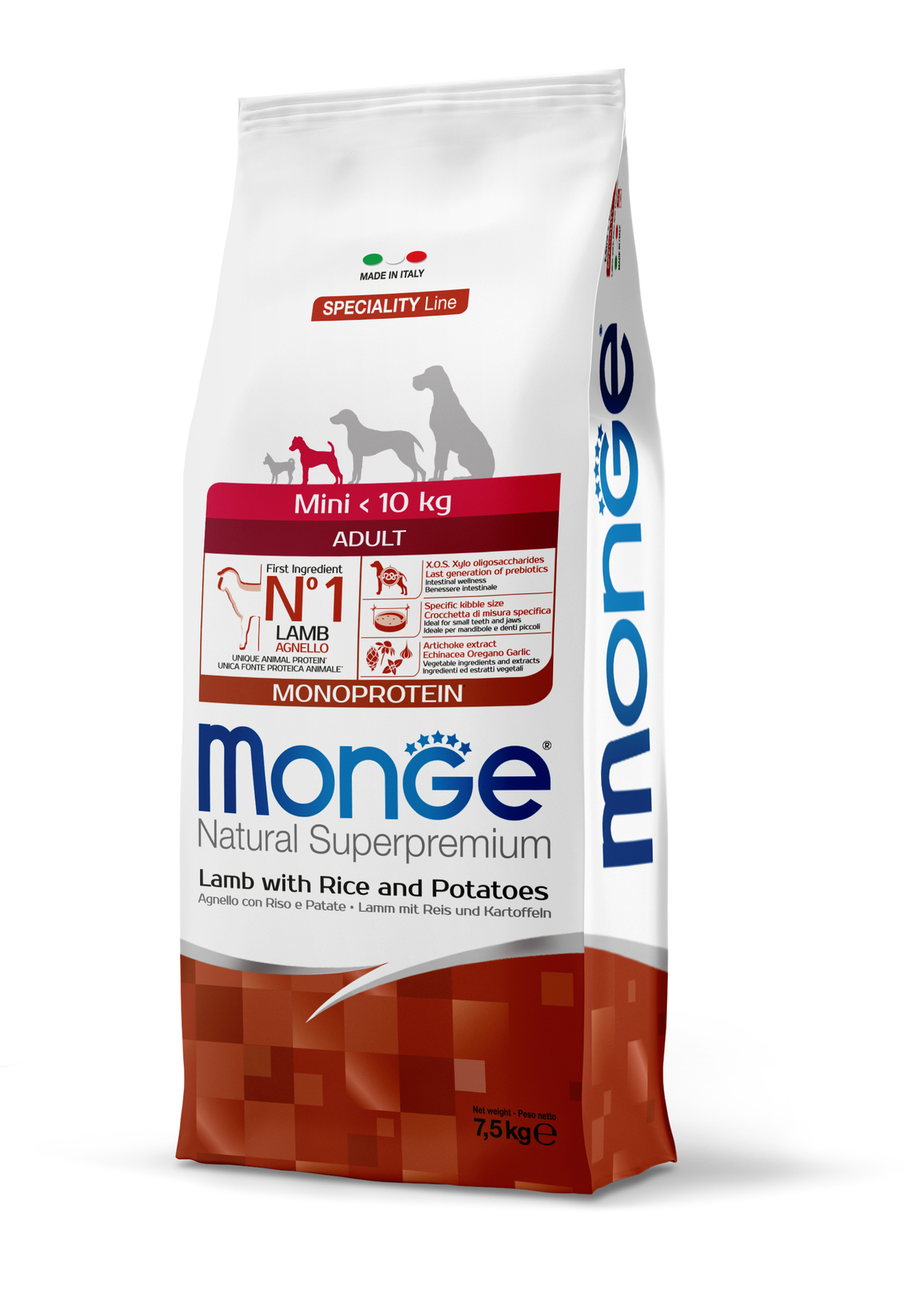 MONGE PERRO ADULTO MINI CORDERO, ARROZ Y PAPA 7.5 KG