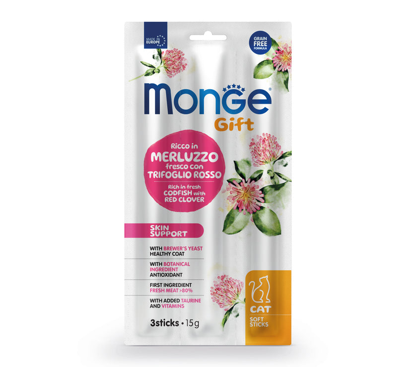 MONGE GIFT SOFT STICKS SKIN SUPPORT GATO (BACALAO+TREBOL ROJO)