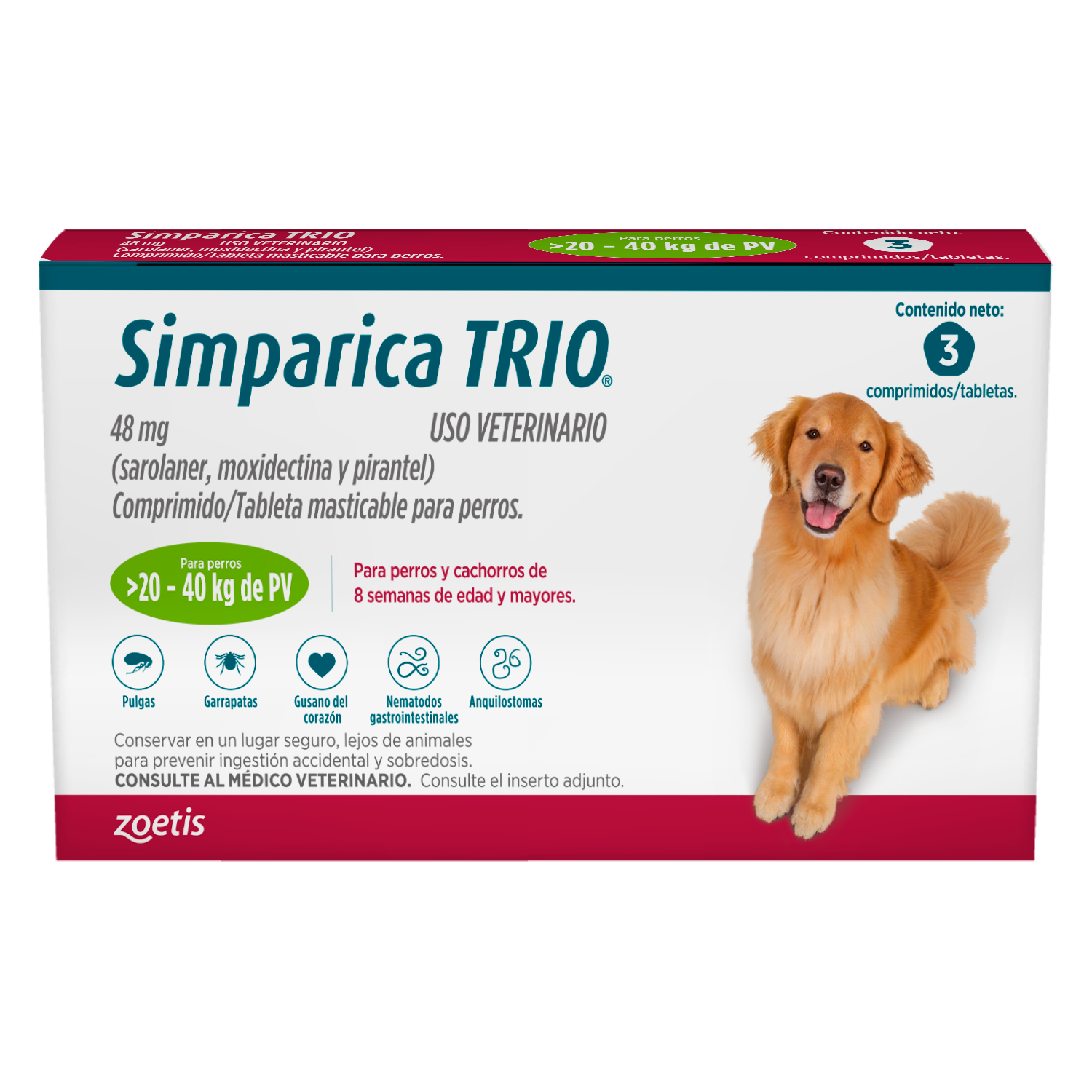 SIMPARICA TRIO VERDE 48 MG (20-40 KG) 3 TABLETAS