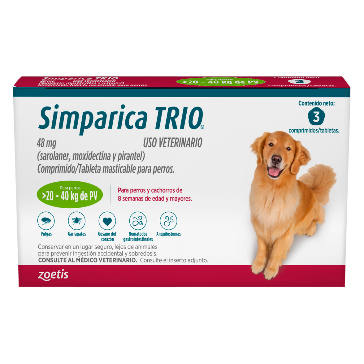 SIMPARICA TRIO VERDE 48 MG (20-40 KG) 3 TABLETAS